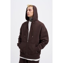 Machinist Erkek Basic Diagonal Fermuarlı Kapüşonlu Sweatshirt Koyu Kahverengi