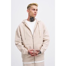 Machinist Erkek Basic Diagonal Fermuarlı Kapüşonlu Sweatshirt Açık Bej