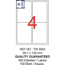 Jokey Kırtasiye Yapışkanlı Injet/laser/a4 Formunda Sticker/etiket "99.1mm x 139MM" Laser Etiket - (5.yaprak / 20 Etiket)