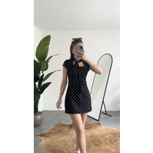 Asfa Moda Kadın Siyah Puantiyeli Fular Yaka Mini Elbise