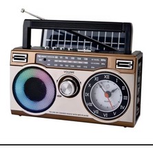 Husta Aksesuar Nostaljik Bluetooth Radyo Rgb Işıklı Güneş Panelli Şarjlı Saatli Speaker / Krem Rengi