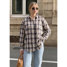 Madmext Lacivert  Basic Kare Desenli Kadın Gömlek MG2828