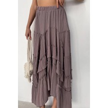 Nana & Mayka Moda Nana Mayka Moda Kadın Vizon Gofre Fırfırlı Uzun Etek – Astarlı, Iç Göstermez, Yazlık, Volanlı, 3001
