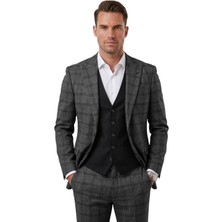 Rizzup Erkek Antrasit Slim Fit Ekose 3’lü Takım Elbise – Siyah Yelekli Kare Desenli Takım 2601589