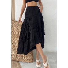 Nana & Mayka Moda Nana Mayka Moda Kadın Siyah Gofre Fırfırlı Uzun Etek – Astarlı, Iç Göstermez, Yazlık, Volanlı, 3001