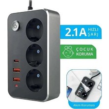 Light Nova 3lü Priz 2500 Watt Akım Korumalı 2m Uzatma Kablosu 2xusb 1xtype-C PD20W Hızlı Şarj