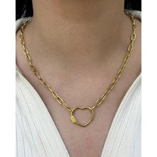 Fm 💎 Premium Gold Renk 316L Çelik Kalp Model Parlak ve Şık Vıp Seri Halka Kilitli Zincir Çelik Kolye