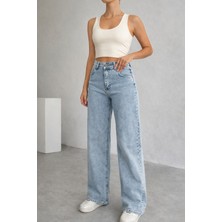 Lighter Jeans Kadın Kar Mavi Yüksek Bel Likralı Bol Paça Jean Pantolon – Esnek Denim Wide Leg