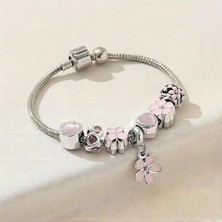 Takantakana Pandora Tarz Gümüş Charm Bileklik Pembe Crystal Soft Çiçek Aşk
