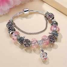 Takantakana Pandora Tarz Gümüş Charm Bileklik Pembe Crystal Taç Quenn Kalp