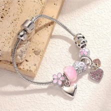 Takantakana Pandora Tarz Gümüş Charm Bileklik Pembe Kalp Sade Şık Crystal Aşk