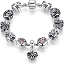 Takantakana Pandora Tarz Gümüş Charm Bileklik Karişik Yeni Collections Pembe Kalp Charmlı Rose