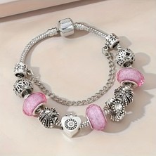 Takantakana Pandora Tarz Gümüş Charm Bileklik Mavi Pembe Crystal