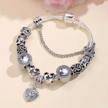 Takantakana Pandora Tarz Gümüş Charm Bileklik Beyaz Crystal Aşk Kalp