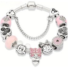 Takantakana Pandora Tarz Gümüş Charm Bileklik Mickey ve Minnie Mause Pembe