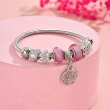 Takantakana Pandora Tarz Gümüş Charm Bileklik Pembe Hayat Ağacı Temalı
