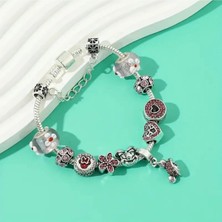 Takantakana Pandora Tarz Gümüş Charm Bileklik Disney Pembe Minnie Mouse Kalp Aşk