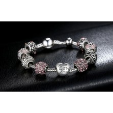 Takantakana Pandora Tarz Gümüş Charm Bileklik Pembe Yeni 3 Dilde Aşk Temalı Charm Bileklik
