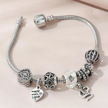 Takantakana Pandora Tarz Gümüş Charm Bileklik Crystal Made With Love Şık Kalp