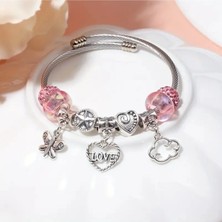 Takantakana Pandora Tarz Gümüş Charm Bileklik Pembe Love Crystal Taşlı Aşk Kalp