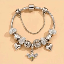 Takantakana Pandora Tarz Gümüş Charm Bileklik Crystal Şans Arı Kalp Charmlı Aşk