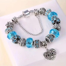 Takantakana Pandora Tarz Gümüş Charm Bileklik Mavi Otantik Taşlı Crystal Kalp