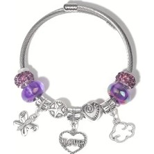 Takantakana Pandora Tarz Gümüş Charm Bileklik Mor Aşk Crystal Ametist Love Kalp