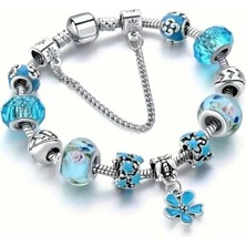 Takantakana Pandora Tarz Gümüş Charm Bileklik Mavi Crystal Kalp Charmlı Aşk