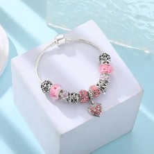 Takantakana Pandora Tarz Gümüş Charm Bileklik Pink Crystal Kalp Taşlı Aşk