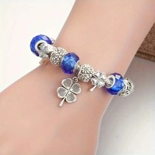 Takantakana Pandora Tarz Gümüş Charm Bileklik Mavi Crystal Şans Yonca Aşk