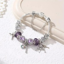 Takantakana Pandora Tarz Gümüş Charm Bileklik Best Friends Ametist Crystal Mor