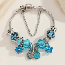 Takantakana Pandora Tarz Gümüş Charm Bileklik Mavi Okyanus Temalı Blue Kalp