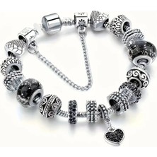 Takantakana Pandora Tarz Gümüş Charm Bileklik Tarz Siyah Crystal Aşk Kalp
