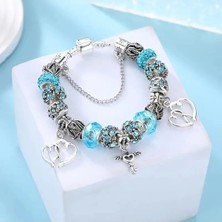 Takantakana Pandora Tarz Gümüş Charm Bileklik Crystal Mavi Kalp Charmlı Aşk