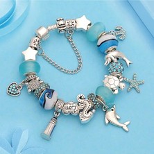 Takantakana Pandora Tarz Gümüş Charm Bileklik Blue Marina Crystal Deniz Aşk