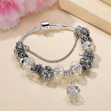 Takantakana Pandora Tarz Gümüş Charm Bileklik Crystal Beyaz Taç Quenn Kalp