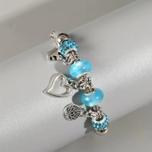Takantakana Pandora Tarz Gümüş Charm Bileklik Mavi Kalp Hayat Agacı