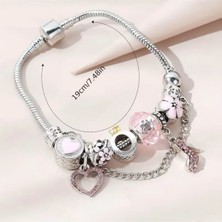 Takantakana Pandora Tarz Gümüş Charm Bileklik Pembe Şık Stiletto Crystal