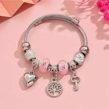 Takantakana Pandora Tarz Gümüş Charm Bileklik Pembe Hayat Ağacı Crystal Kalp Aşk