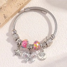Takantakana Pandora Tarz Gümüş Charm Bileklik Şans Kelebek Pembe Hayat Ağacı Kalp
