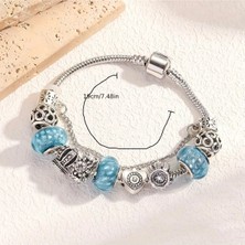 Takantakana Pandora Tarz Gümüş Charm Bileklik Mavi Pembe Crystal