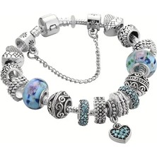 Takantakana Pandora Tarz Gümüş Charm Bileklik Mavi Kristal Aşk Kalp
