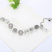 Takantakana Pandora Tarz Gümüş Charm Bileklik Kadın Pembe Gümüş Ahşap Kutuda Pink Crystal
