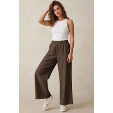 Modestim Kadın Kahve Beli Lastik Özel Yıkamalı Kumaş  Paçaları Püsküllü Geniş Paça Tesettür Pantolon