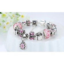 Takantakana Pandora Tarz Gümüş Charm Bileklik Açık Pembe Tarz Yeni Renk Seçenekli Kristal Taşlı Charm Bileklik