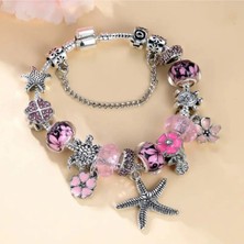 Takantakana Pandora Tarz Gümüş Charm Bileklik Crystal Pembe Star Çiçek Aşk
