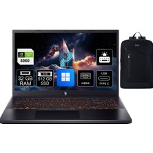 Acer Nitro V 15 ANV15-52 Intel Core I7 13620H 32GB Ram 512GB SSD RTX5060 Windows 11 Pro 15.6'' 165Hz Taşınabilir Bilgisayar NH.QZ8EY.002 +Boz Çanta