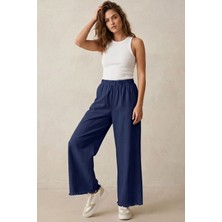 Modestim Kadın Lacivert Beli Lastik Özel Yıkamalı Kumaş  Paçaları Püsküllü Geniş Paça Tesettür Pantolon
