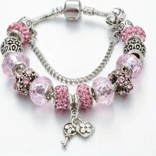 Takantakana Pandora Tarz Gümüş Charm Bileklik Pembe Crystal Şık Kalp