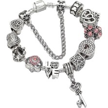 Takantakana Pandora Tarz Gümüş Charm Bileklik Kalbin Anahtarı Love Amor Crystal